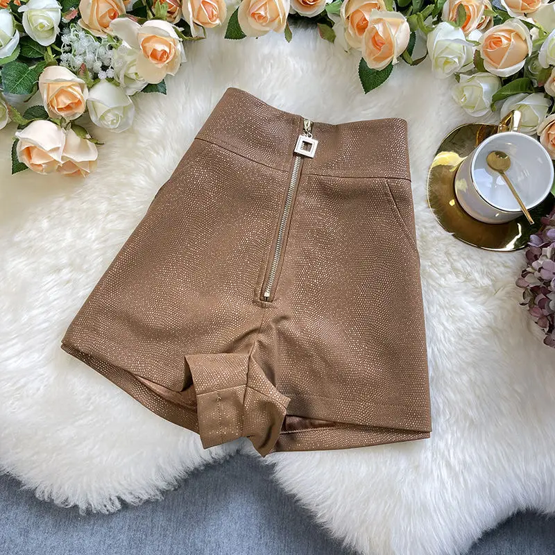 

Осенне-зимние женские шорты, облегающие повседневные кожаные свободные шорты с высокой талией, женские обтягивающие крутые шорты из искусственной кожи на молнии