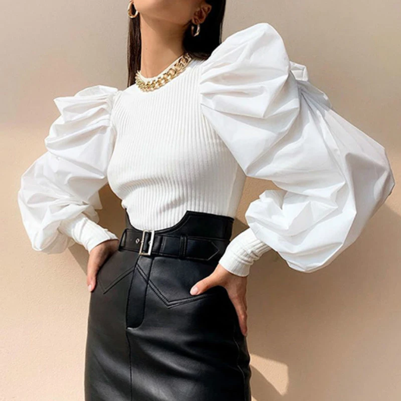white blouse for women 2020 Retro Womens Long Puff Sleeve Blouse Shirts Spring Fall Black White Solid Fashion Elegant Blouses and Tops Female Clothes satin shirts for women