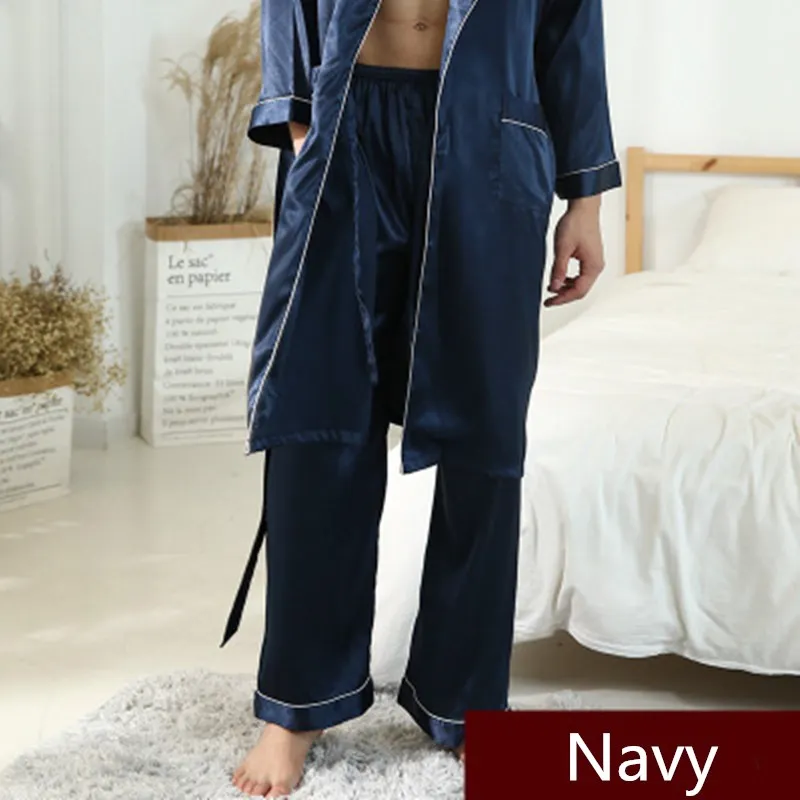 Navy Мужская длинная Пижама, одежда для сна, Повседневная Ночная рубашка, одежда для сна для мужчин, подходит для всех сезонов, темно-синий, серый, винный, красный - Цвет: Navy