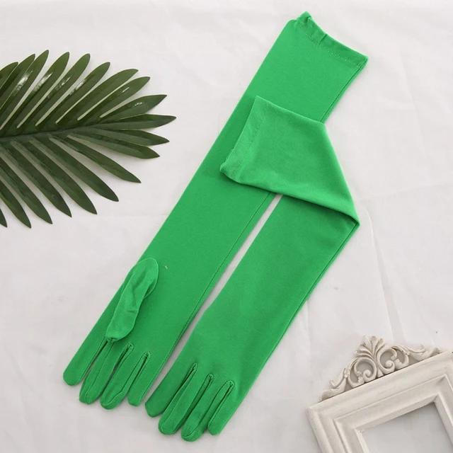 Stretch Satin White Glove Long Bridal Gloves Black Red Elbow Length Women Dance Party Wedding Gloves Full Finger Guantes Boda Green