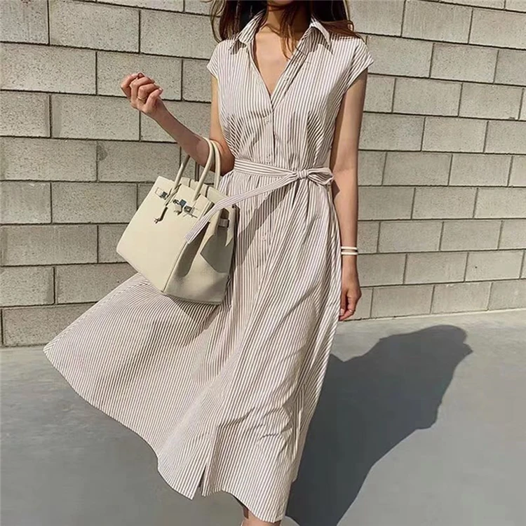 Colorfaith New 2020 Women Summer Shirt Dress Solid Multi Colors Casual Sleeveless Striped Oversize Lace Up Long Dress DR1970