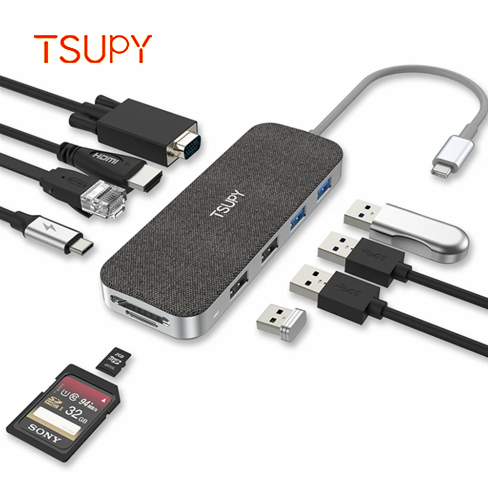 

TSUPY 10 in 1 USB C Hub HDMI VGA Ethernet Power Delivery USB 3.0 2.0 SD/TF Card Reader for Macbook Pro Huawei Matebook X/E
