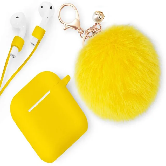 Protective Case multi colors with lost-proof and Keychain hooks lovely hair ball Silicone Bluetooth Earphone For airpods 1 2 1 2yellow