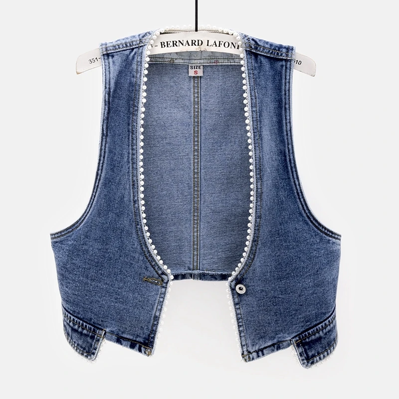 

Spring New Korean Denim Vest Women Waistcoat Beading V-Neck Front Short Back Long Jeans Vests Slim Blue Sleeveless Jacket Female