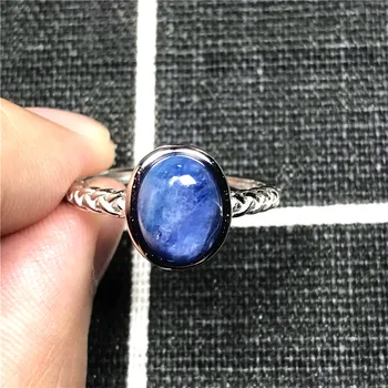 

11mm Top Natural Blue Kyanite Ring Jewelry For Woman Men Crystal Oval Beads Gift Silver Cat Eye Silver Adjustable Ring AAAAA