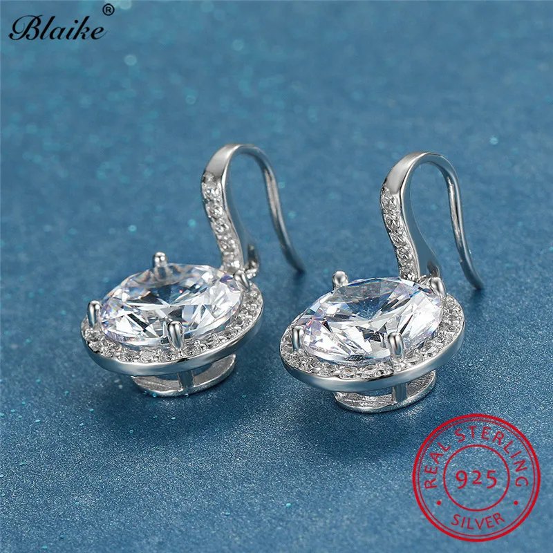 Серьги из настоящего 925 пробы, серебряные, круглые, с белым бриллиантом, свадебные серьги-гвоздики для женщин, чистый Сапфир, уши, хорошее ювелирное изделие