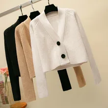 Осенне-зимний трикотажный свитер для женщин, белый и черный цвет, кардиганы на пуговицах с v-образным вырезом и пуговицами, однотонный укороченный свитер, вязаный Топ, уличная одежда