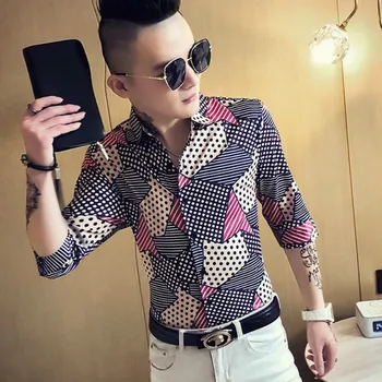 

Fashion Casual Men Shirt Polka Dot Printing Long Sleeve Slim Fit Shirts Men Dress Night Club Party Tuxedo Male Clothing Blusa
