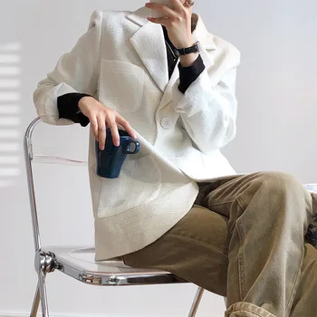

Autumn Winter Women White Blazer Jacket Long Sleeve Single Breasted Loose Suit Jackets Fashion Chic OL Lady Casual Tops Coats