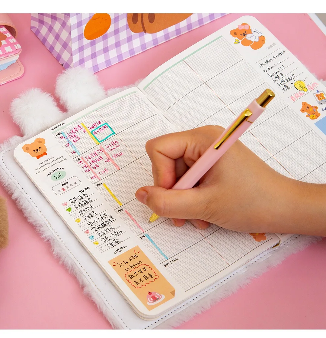 90PCS Bear Diary Book Student Rabbit NoteBook Travel Planner Notepad Plush Cover Girls Journal Korea Card Holder Girl Handbook