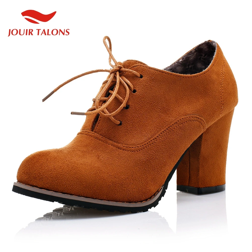 

JOUIR New Fashion Plus Size 31-48 Chunky Heels Ankle Boots Women Shoes Lace Up Autumn Winter casual Shoes Woman Boots Female