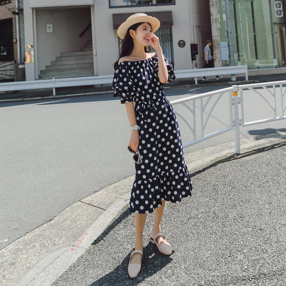 

INS Flounced Fishtail Skirt Women's 2019 Summer New Style Korean-style Retro CHIC-Style Horizontal Neck Polka Dot Dress