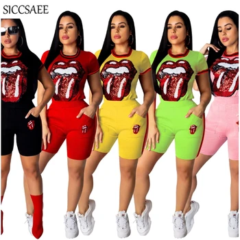 

2020 Summer Style Cartoon Tongue Sequins Two Piece Set Striped Ribbons Sweat Suit Sexy Casual Activewear Hip Hop Glitter Sparkly