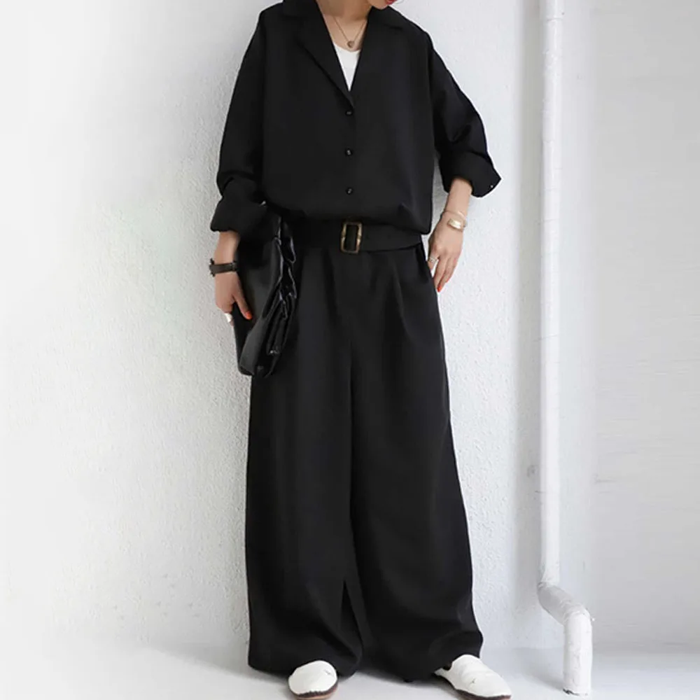 Office Ladies Korean Oversize Black Jumpsuits Women Plus Size Loose Casual Wide Legs Backless Female Elegant Rompers With Belt