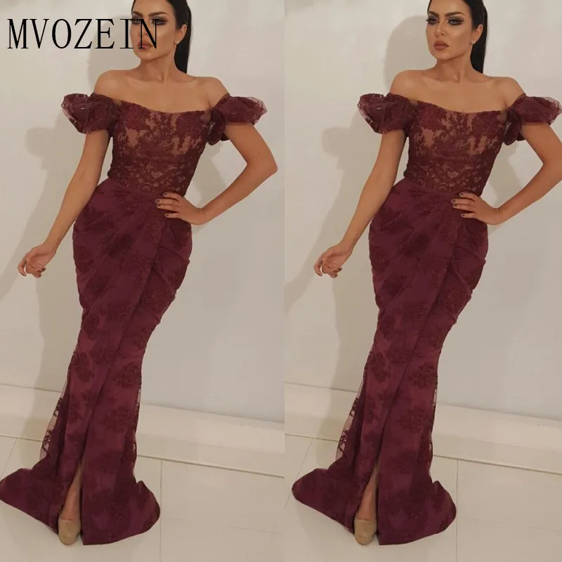 

Burgundy Muslim Evening Dresses 2019 Mermaid Slit Off The Shoulder Lace Islamic Dubai Saudi Arabic Long Evening Gown Prom Dress