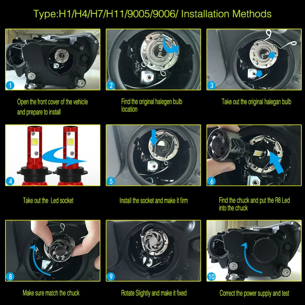 2 шт./компл. Mini7 6000K холодный белый 9600LM 60W светодиодный фары H1/H7/H11/9005-HB3/9006-HB4/H4-H/L