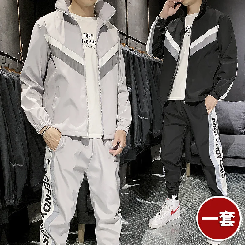 

Autumn And Winter Men plus Velvet Two-Piece Set Contrast Color Hooded Tooling Jacket Sports Set