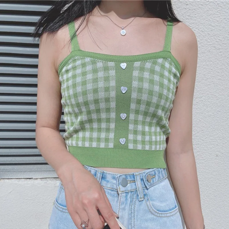 GORGLITTER Women's Houndstooth Bow Tank Top - Sleeveless Knit Crop Top With Pearl Buttons - View #8
