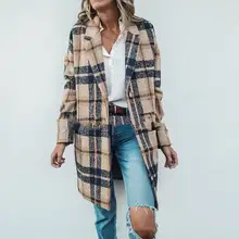 Осень Зима Женское однобортное пальто с отложным воротником свободное шерстяное пальто в клетку длинное пальто размера плюс