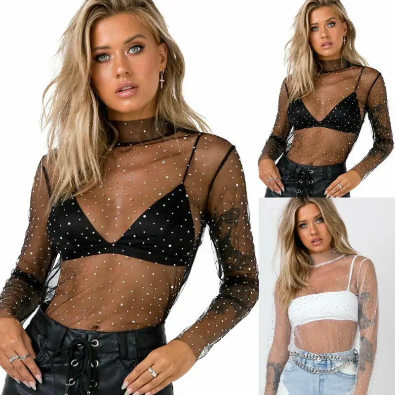 Женские прозрачные сетчатые блузки прозрачный топ с длинным рукавом рубашка