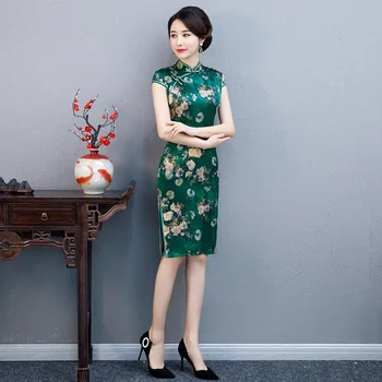 

Summer Women Printed Flower Cheongsam Traditional Chinese Female Slim High Split Evening Dress Sexy Satin Short Sleeve Qipao