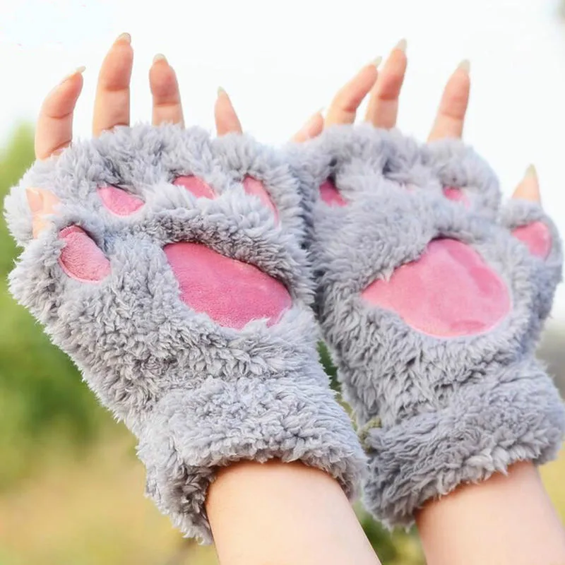 Милые перчатки без пальцев женские кошачья лапа с когтями плюшевые зимние перчатки женские милые теплые мягкие пушистые перчатки на половину пальца