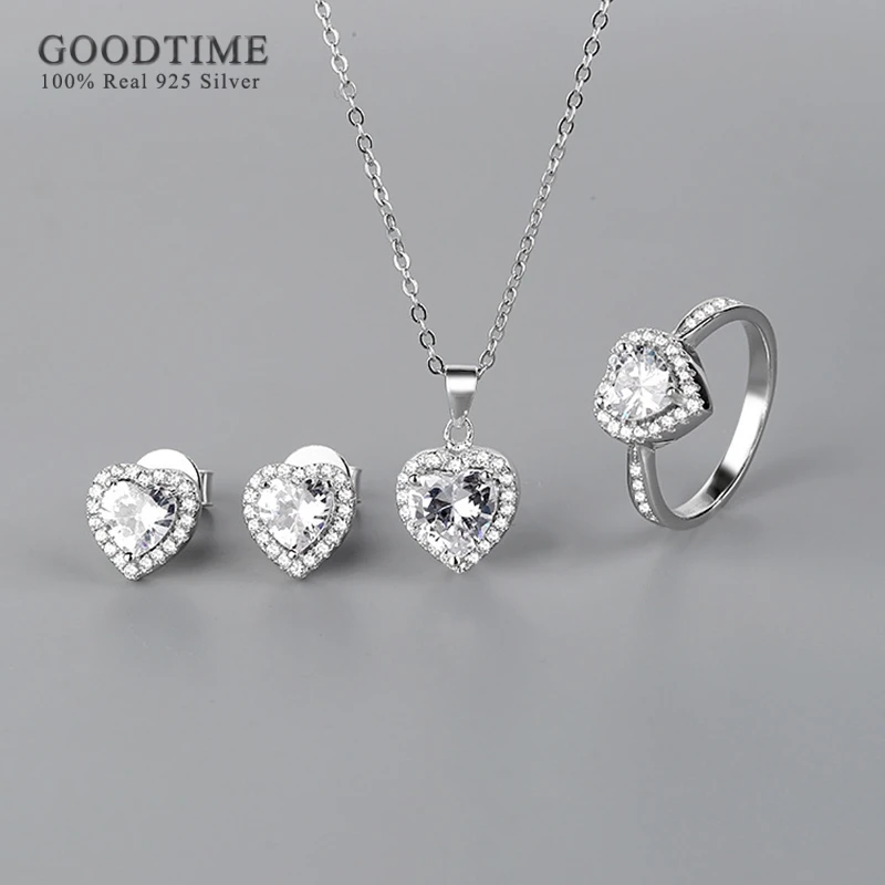 Fashion Women Jewelry Sets For Party Pure 925 Sterling Silver Bridal Love Heart Zircon Necklace Earrings Ring Set Accessories