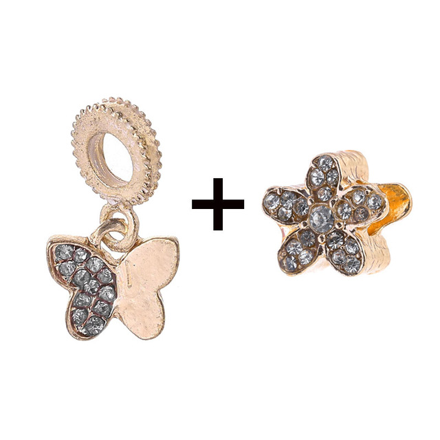 New Style Pink Glamour Flowers Daisy & Crystal Butterfly Charms Beads Fit Brand Bracelets DIY Jewelry Gift For Women
