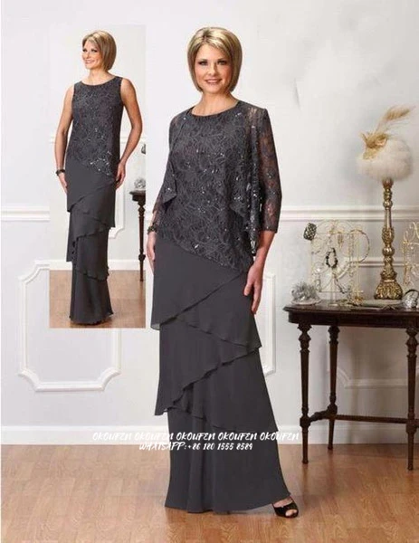 

Stunning Chiffon Mother Of The Bride Dresses Sequined Lace Jacket Dark Gray Tiered Long Wedding Guest Gowns Vestidos Madrinha