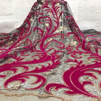 

New Arrival Sequins Lace Fabrics African Nigerian Tulle Mesh Lace Fabrics For Wedding Dress Velvet Lace Fabrics Pink