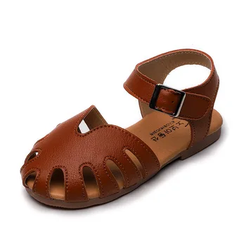 

2020 Summer Kid's Shoes Sandals Hook & Loop Solid Round Toe Neutral Flat Heels Hollow Sandals