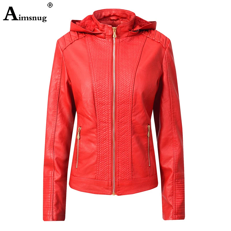 

Girls 2020 Faux Pu Leather Jacket Women Red Black Autumn Hoodies Outerwear Pockets Zipper Office Lady Coat Slim Biker Jackets