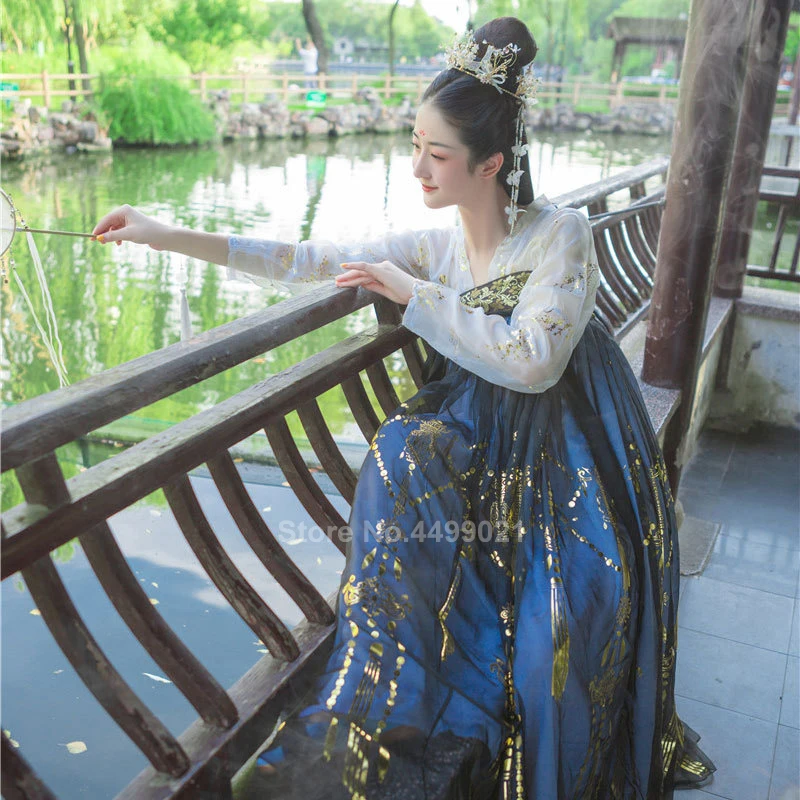 Женский костюм для традиционного народного танца в китайском стиле, костюм для восточных танцев династии ханьфу, комплект с юбкой с принтом