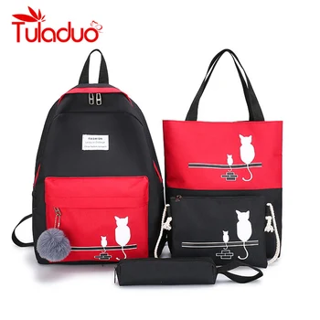 

4Pcs/set Women Laptop School Backpacks Canvas Cute Cat Schoolbag for Teenagers Girls Student Book Bag Boys Mochilas Sac A