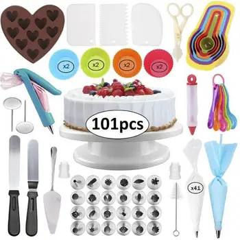 

101Pcs/Set Cake Turntable Set Piping Nozzle Silicone Cake Mold Scraper Cake Decorating Supplies Tools Turntable Piping Tips