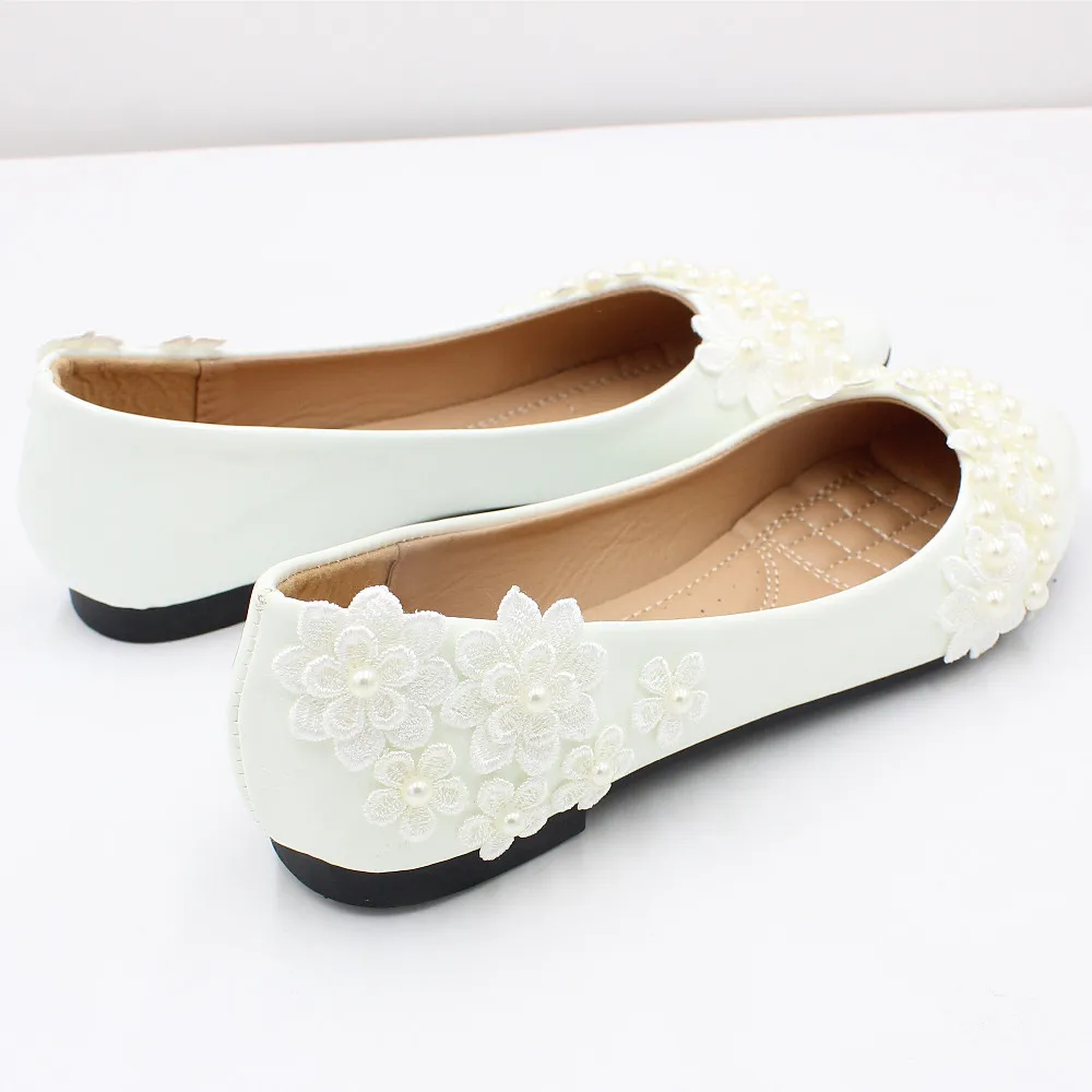 New white flat wedding shoes large size spring bridal shoes soft soles bridesmaid lace decoration made in ChinaBH2114