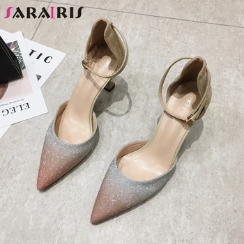 

SARAIRIS Sexy Lady Summer Sandals Pointed Toe Mixed Color Thin Heel Cover Heel Party Leisure Sandals Women Prom Shoes Woman