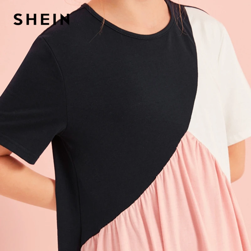 Cena SHEIN Kiddie Multicolor Cut And Sew koszulka casual Dress Kids Clothes 2019 jesień z krótkim rękawem Colorblock długie sukienki dla dzieci