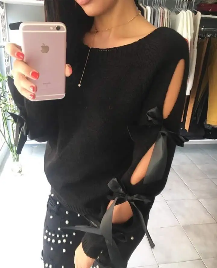 Women Sweater Autumn Winter Knitted Long-sleeved cutout sweater Hollow bow round neck solid sweater Loose Cotton Tops Pullovers Women Sweater Autumn Winter Knitted Long-sleeved cutout sweater Hollow bow round neck solid sweater Loose Cotton Tops Pullovers
