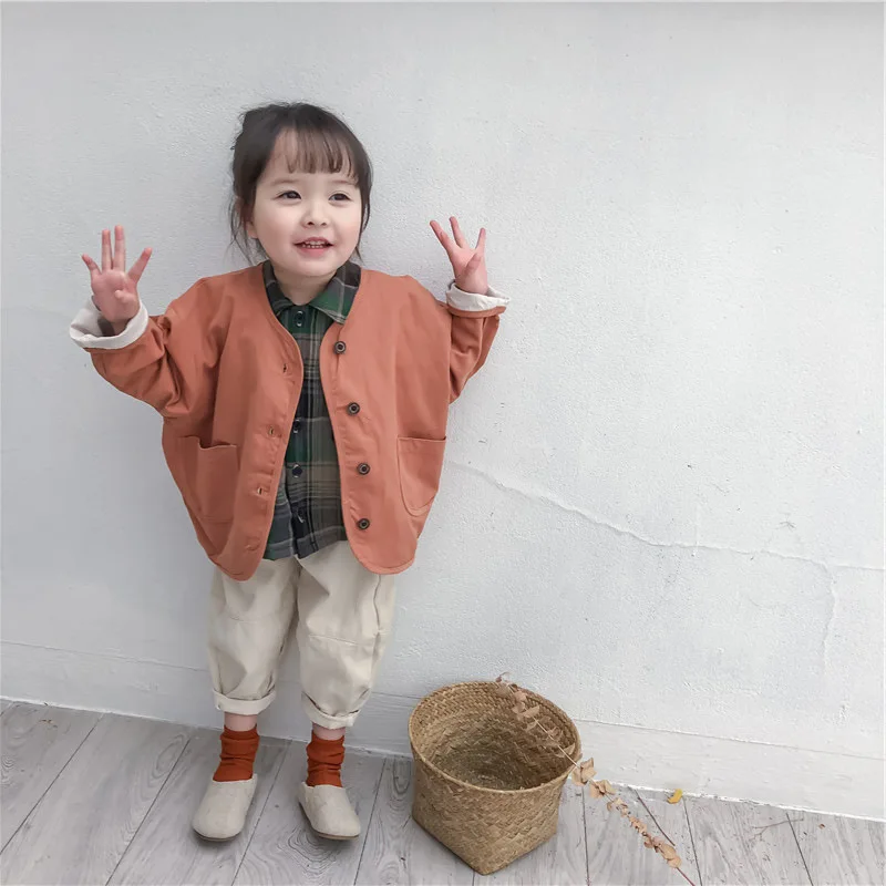 Корейская Осенняя детская однотонная куртка, детский старинный Кардиган для девочек, хлопковое пальто, верхняя одежда для мальчиков и девочек, топы, одежда - Цвет: Rust red