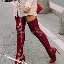 Модные пикантные Кожаные Сапоги выше колена с острым носком на шпильке в западном стиле бежево-красное платье облегающие высокие сапоги на высоком каблуке вечерняя Обувь