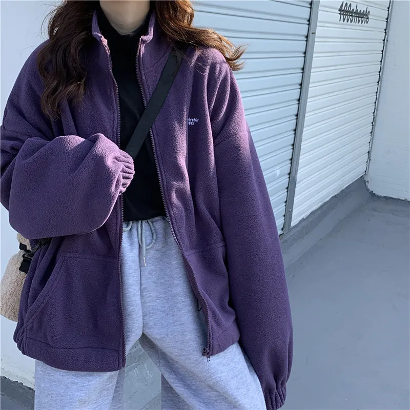 Women Zipper Pocket Jackets Letter Printed Long Sleeve Loose Lapel Plus Velvet Casual Autumn Winter Street Sweatshirts | Женская одежда