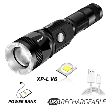 

Power Bank Flashlight USB Rechargeable LED Light XP-L V6 lamp beads Portable Waterproof Torch 5 Lighting Modes Outdoor Camping