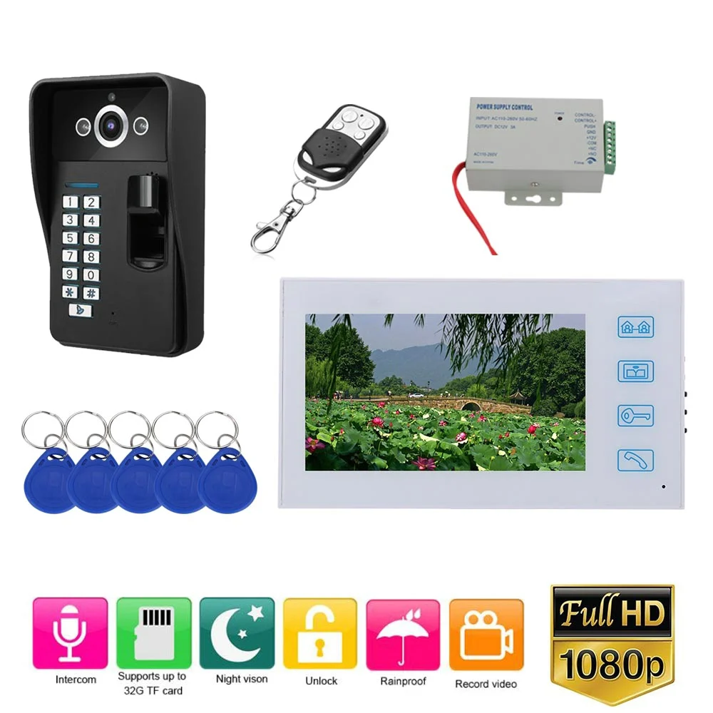 7 inch Record Wired Video Door Phone Doorbell Intercom System with Fingerprint RFID AHD 1080P Camera Door Access Control