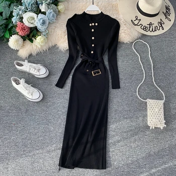 

Beading Half Turtleneck Long Dresses 2020 Autumn Winter Bodycon Knitted Dress Women Long Sleeve Sashes Vestidos