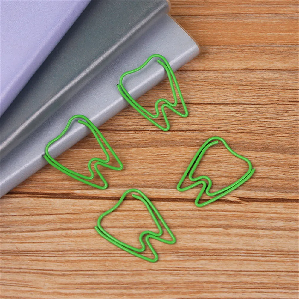 Paper Clips 20pcs/box Cute Green Tooth Shape Paper Clips Escolar Bookmarks Photo Memo Ticket Clip