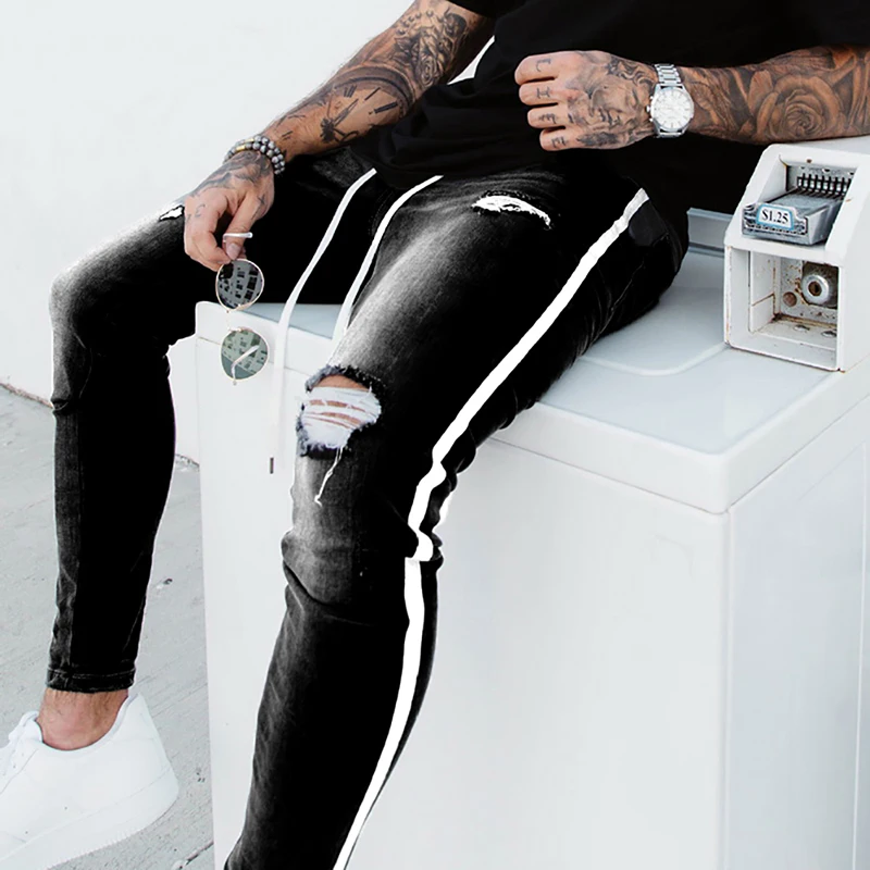 Trendi Pria Kurus Celana Jeans Biker 