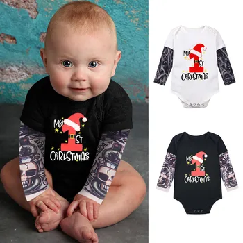 

Baby Christmas Clothes Newborn Baby Boy Autumn Tattoo Printed Long Sleeve Patchwork Romper Christmas Bodysuit Ropa Navidad