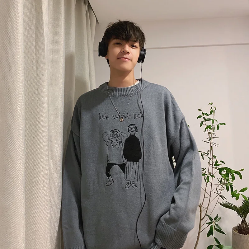 

2019 Autumn And Winter New Round Neck Pullover Embroidery Youth Loose Fashion Casual Sweater Male Trend Gray Black / Khaki