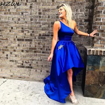 

Royal Blue Simple Prom Dresses One Shoulder Beads vestidos de noche High Low Cheap Evening Dress Yong Girls Homecoming Dress